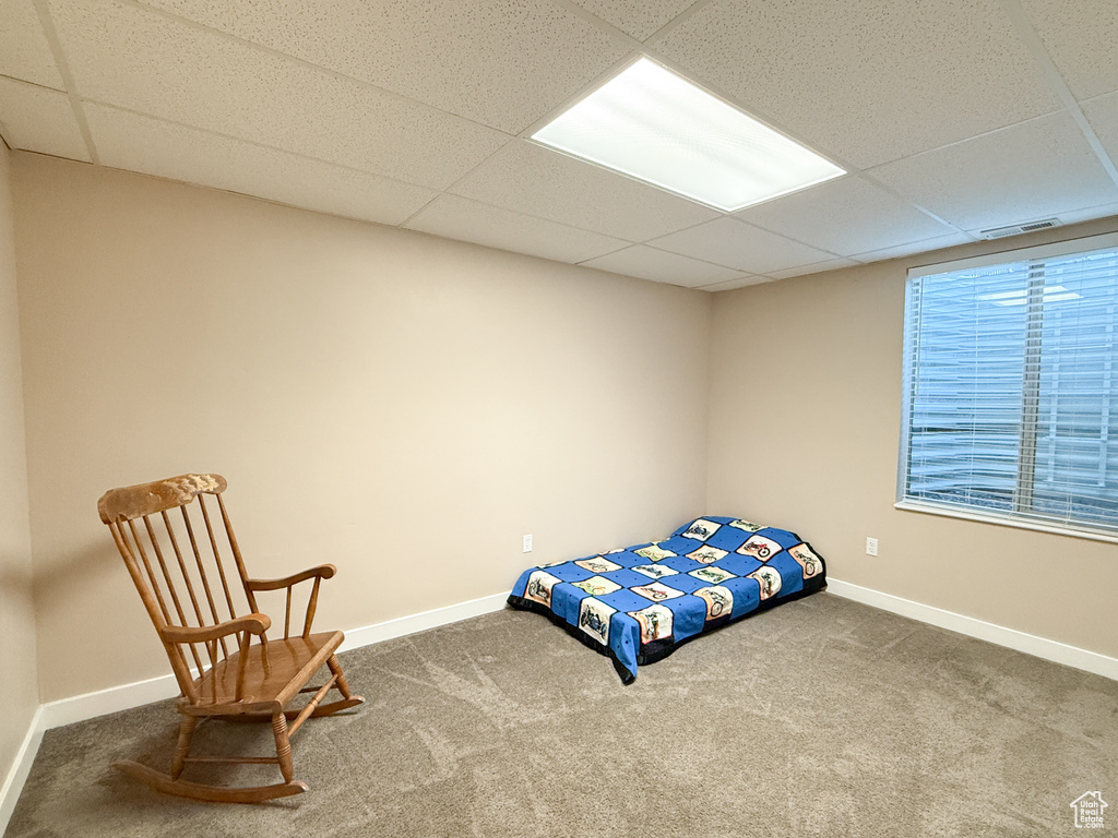 Carpeted bedroom with a paneled ceiling