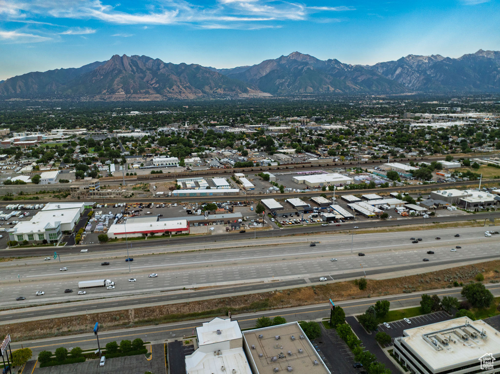 Drone / aerial view of mountains and a highway