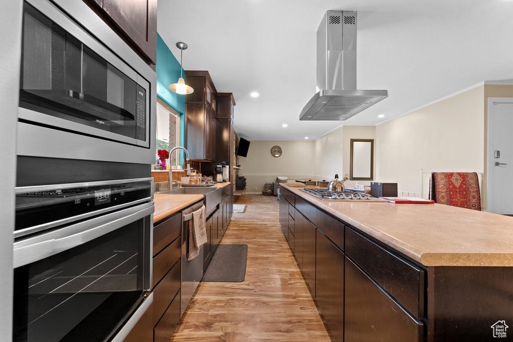 Kitchen with range hood, stainless steel appliances, dark brown cabinets, light wood-style flooring, and a kitchen island