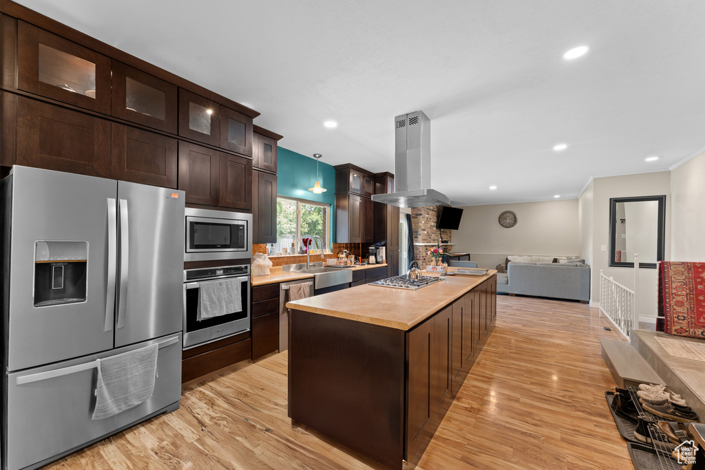 Kitchen featuring stainless steel appliances, dark brown cabinets, open floor plan, island exhaust hood, and light wood finished floors