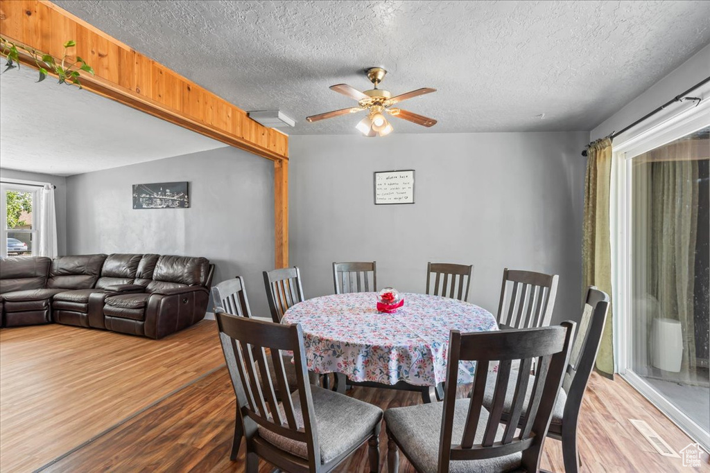 Dining room with wood finished floors, a textured ceiling, and a ceiling fan