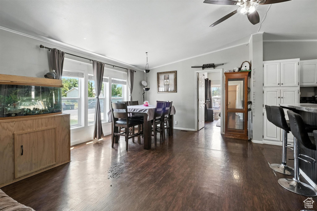 Dining room featuring vaulted ceiling, crown molding, a ceiling fan, and dark wood-type flooring