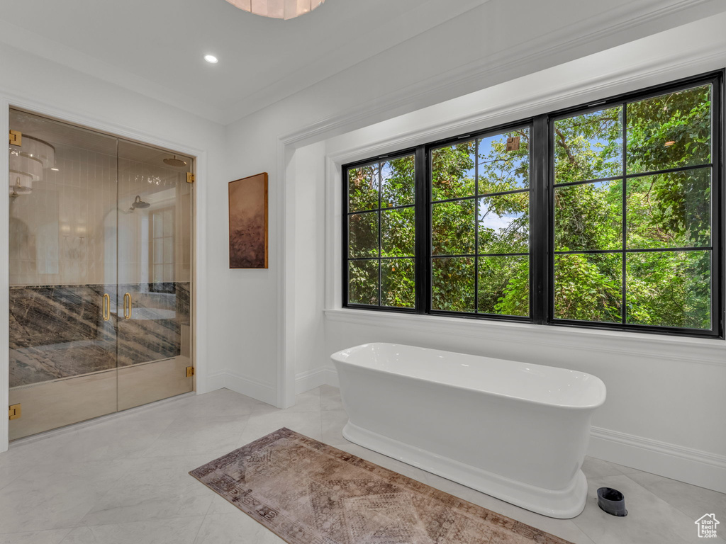 Bathroom featuring a stall shower, a freestanding tub, and recessed lighting