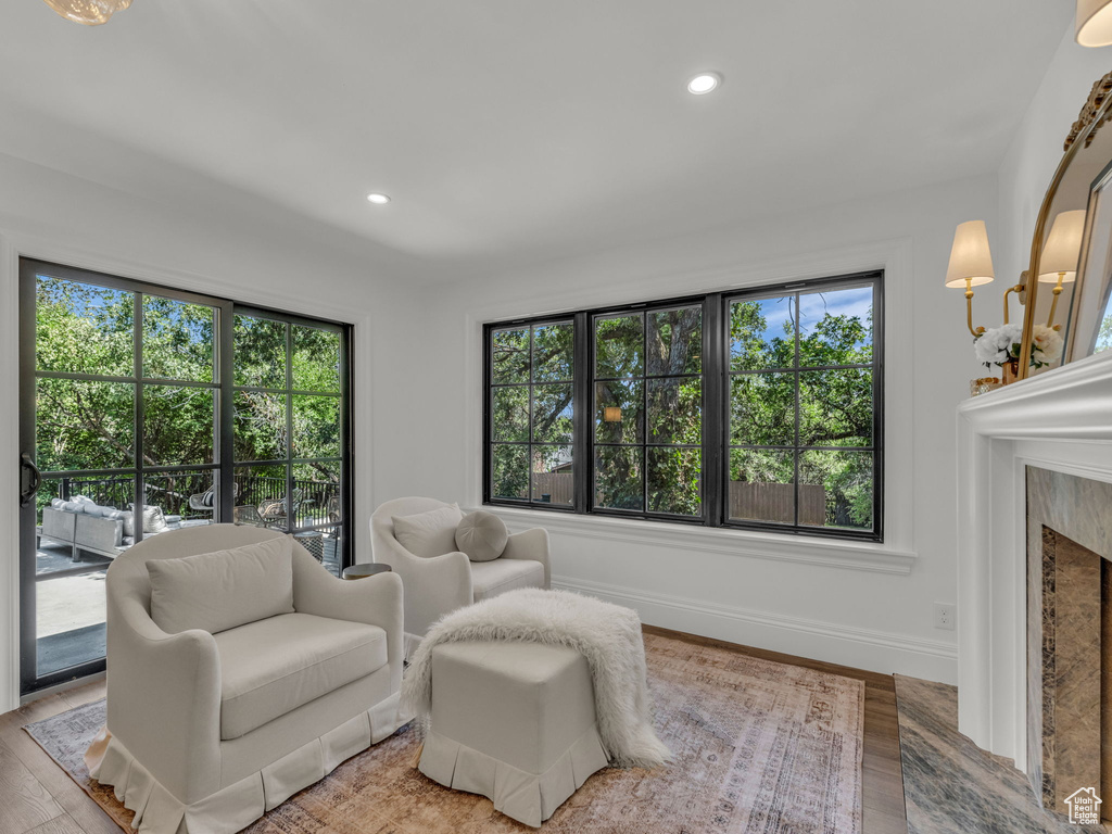 Living area featuring plenty of natural light, wood finished floors, recessed lighting, and a high end fireplace