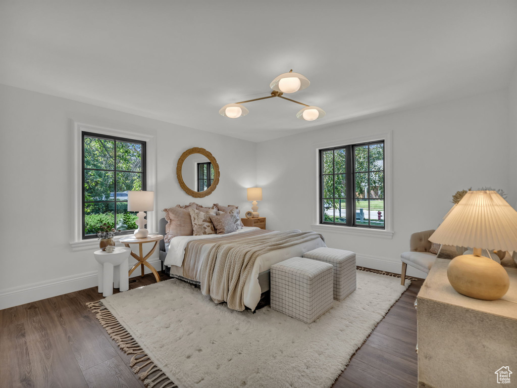 Bedroom featuring multiple windows and wood finished floors