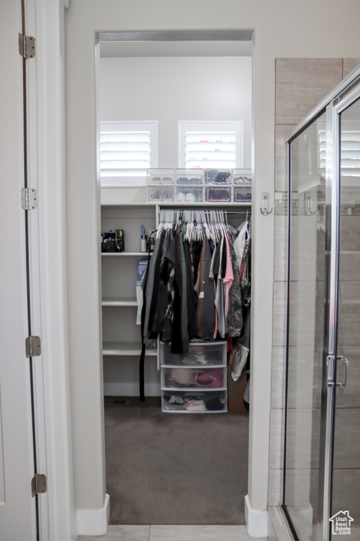 Spacious closet with carpet flooring