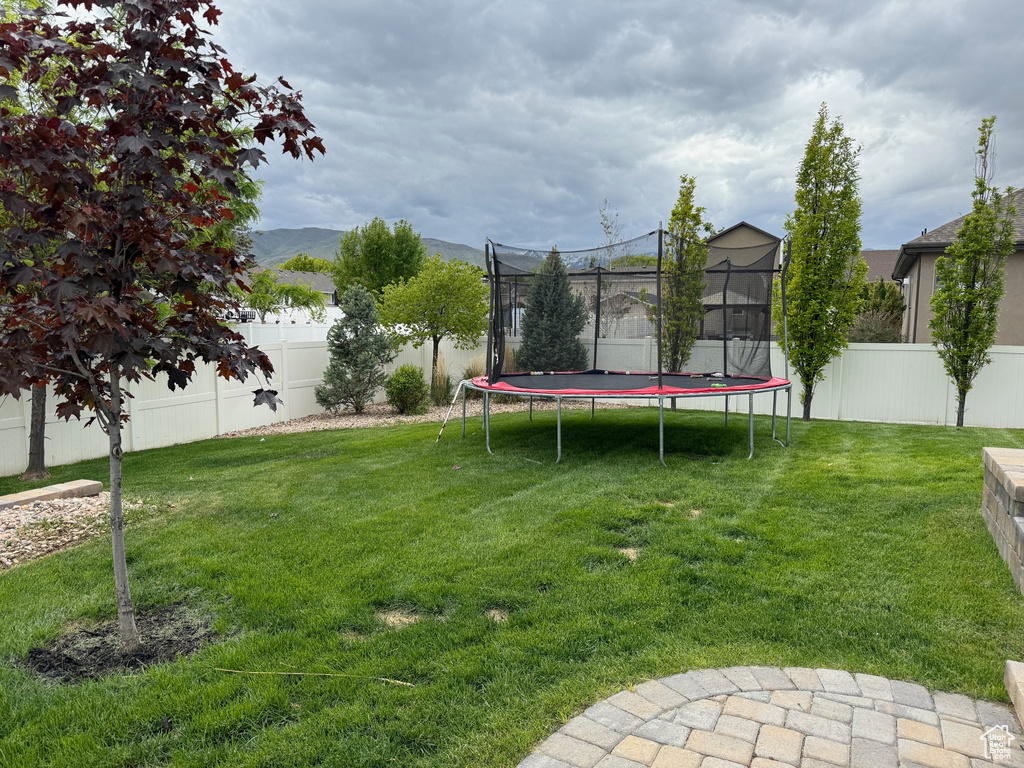 Fenced backyard with a trampoline