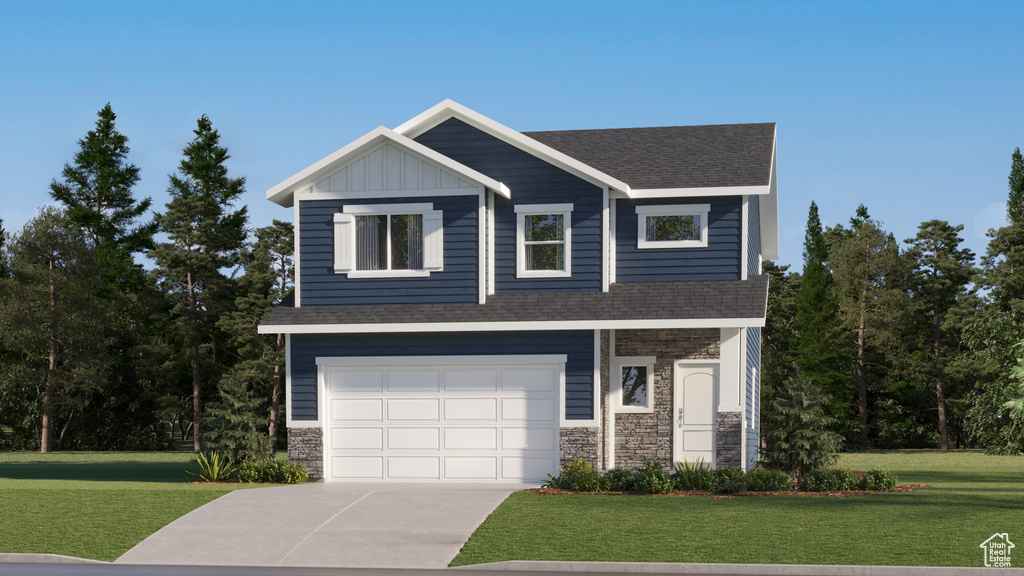 View of front of home featuring stone siding, a shingled roof, a front lawn, concrete driveway, and an attached garage