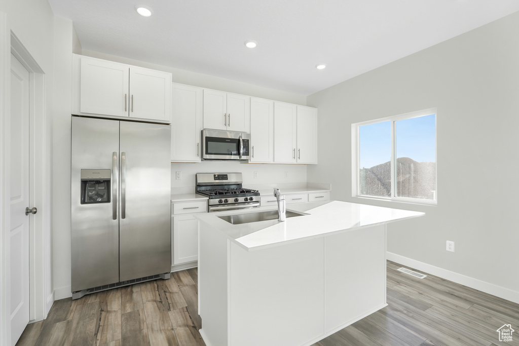 Kitchen with stainless steel appliances, light wood-type flooring, white cabinets, and recessed lighting