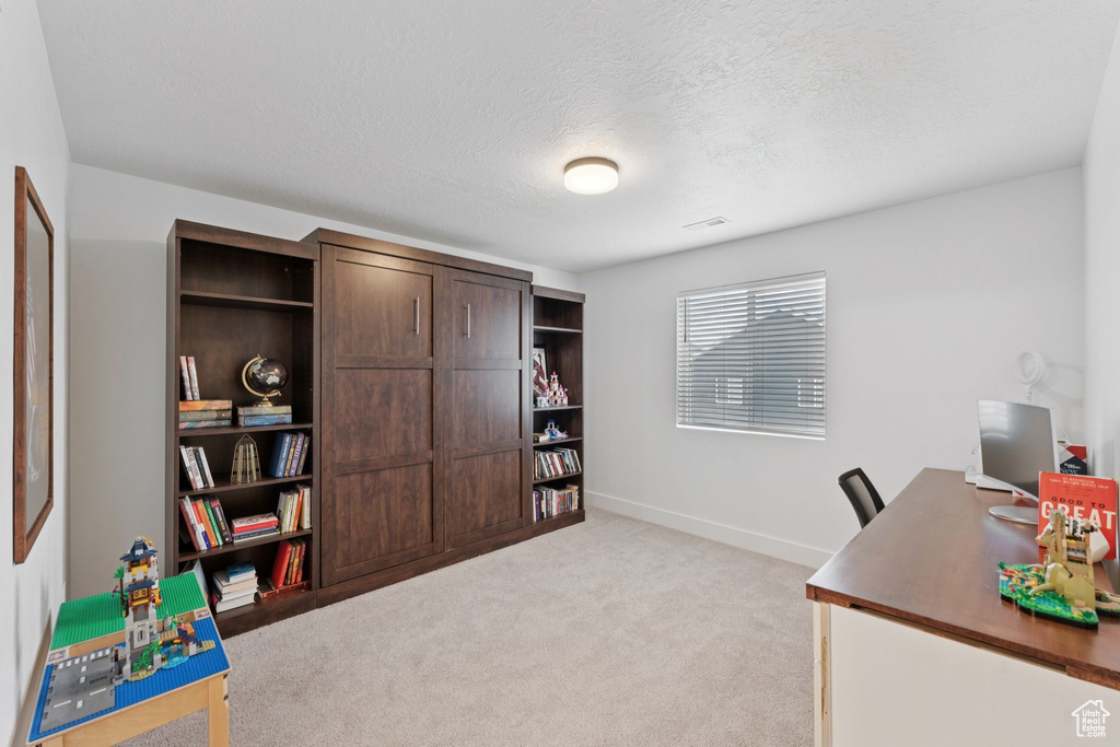 Office space featuring light carpet and a textured ceiling