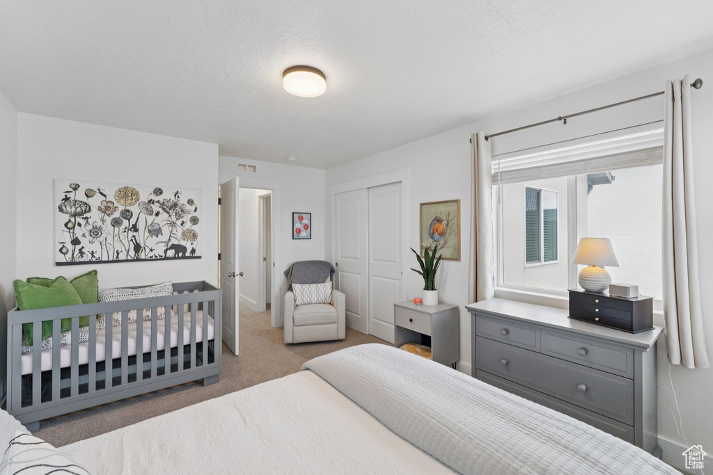 Bedroom with carpet flooring and a closet