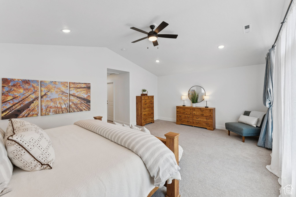 Bedroom with carpet floors, vaulted ceiling, recessed lighting, and a ceiling fan