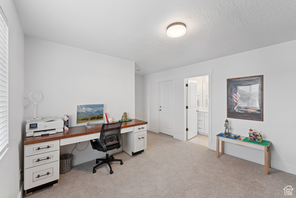 Office area featuring light carpet and baseboards