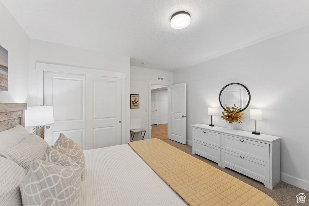 Bedroom with a closet and light carpet