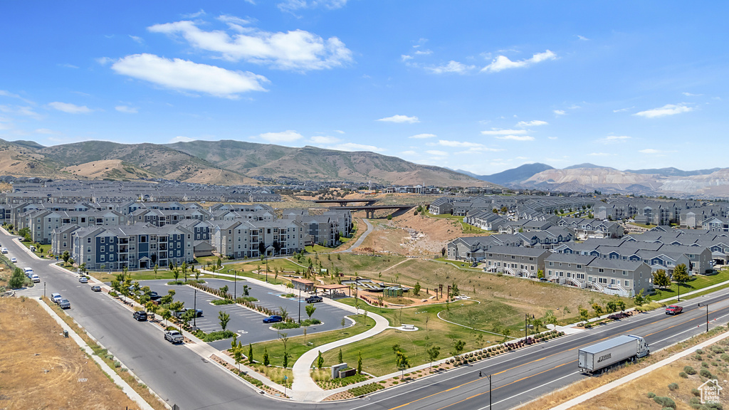 Aerial view of residential area with a mountain backdrop