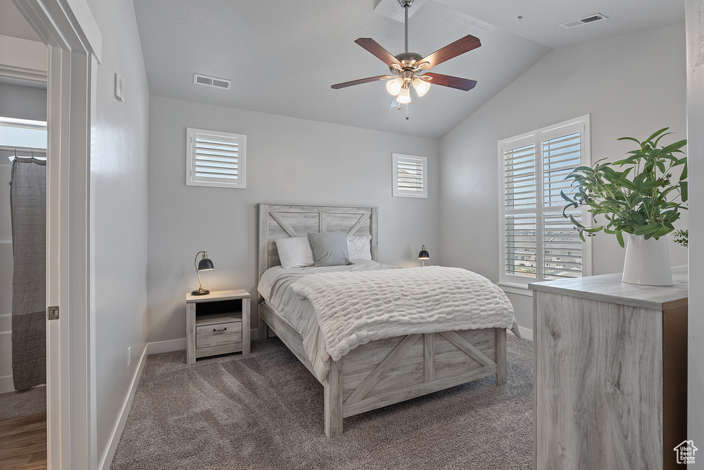 Carpeted bedroom featuring multiple windows, lofted ceiling, and ceiling fan