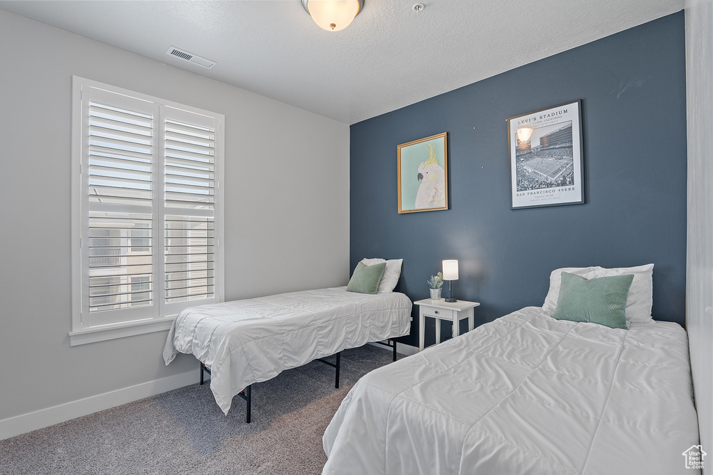 Bedroom with carpet flooring and a textured ceiling