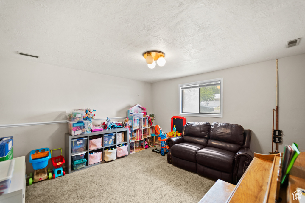 Playroom with carpet and a textured ceiling