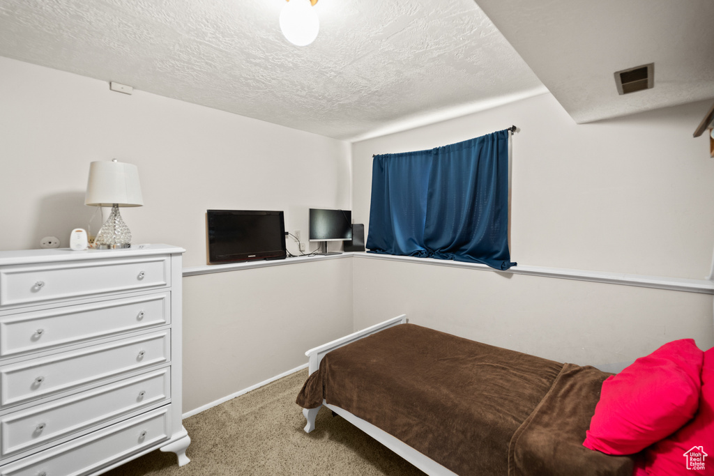 Bedroom with carpet flooring and a textured ceiling