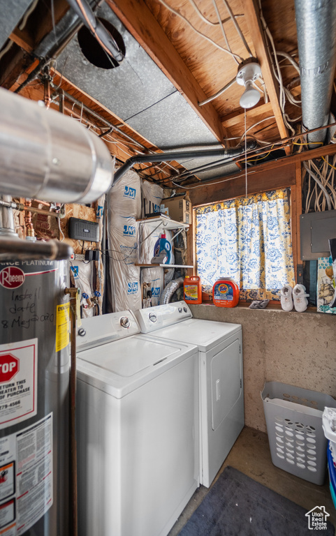 Laundry area with gas water heater, washing machine and dryer, and electric panel