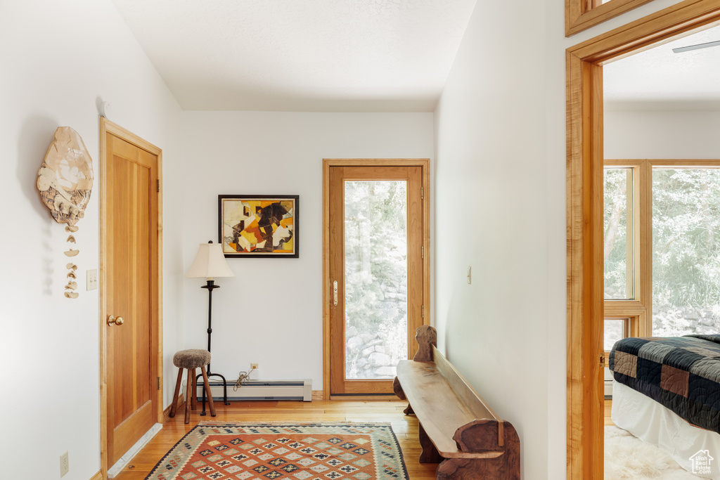 Foyer entrance with baseboard heating, light wood-style floors, and healthy amount of natural light