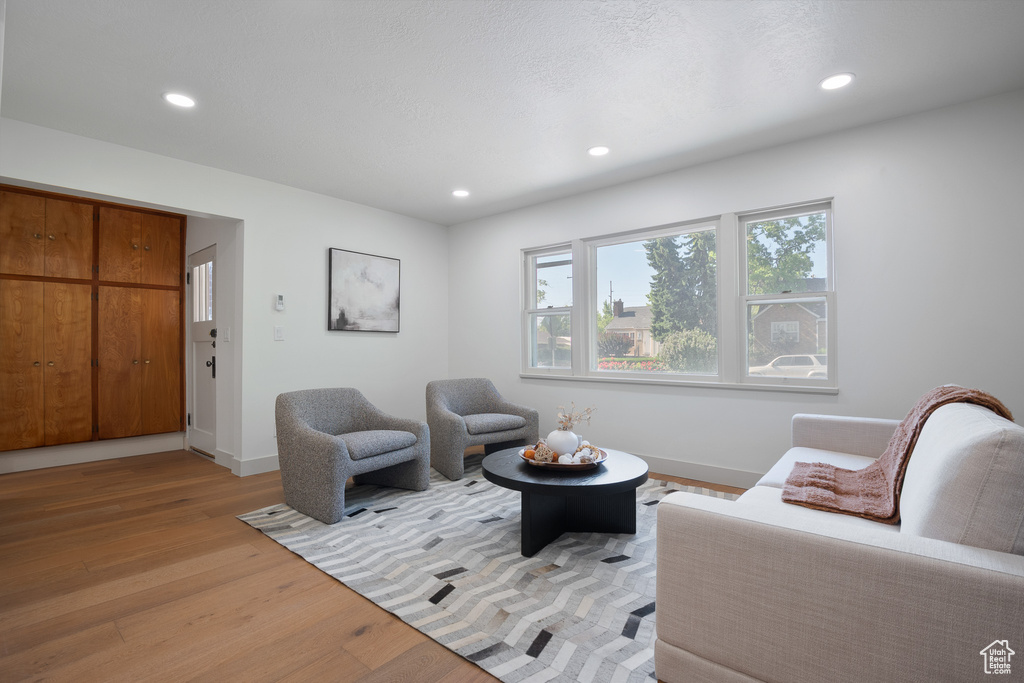 Living room featuring light wood-style floors and recessed lighting