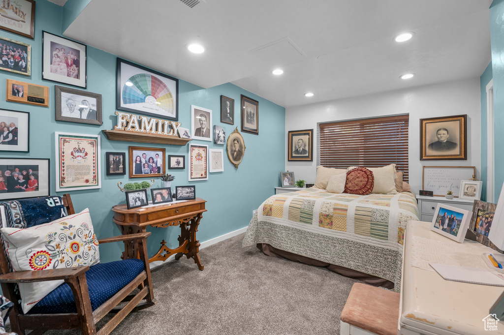 Bedroom featuring carpet floors, recessed lighting, and attic access