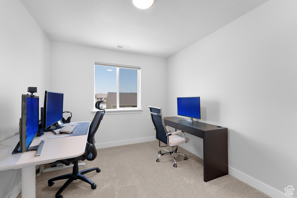 Carpeted home office with baseboards