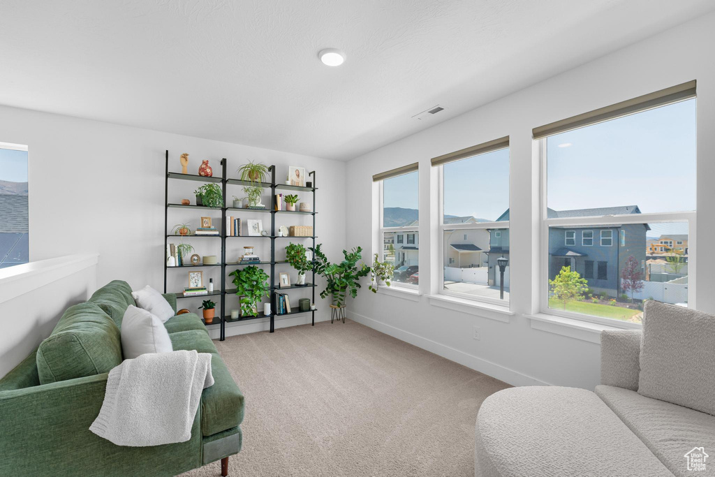 Sitting room featuring light carpet and baseboards