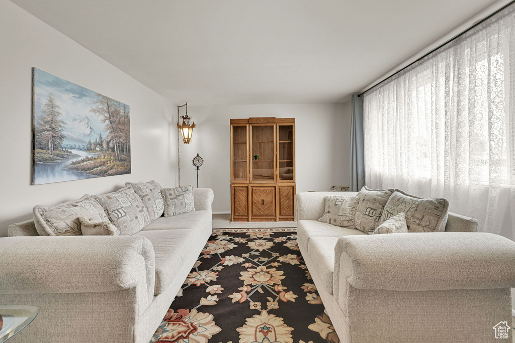 Living area with carpet floors