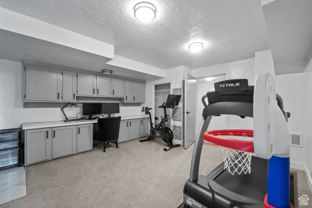 Exercise area featuring a textured ceiling and light colored carpet