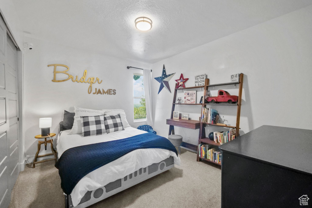 Carpeted bedroom with a textured ceiling