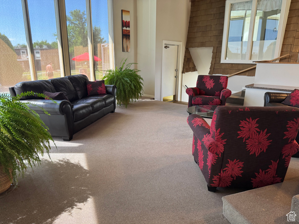 Carpeted living room featuring baseboards