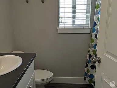 Bathroom featuring vanity and curtained shower
