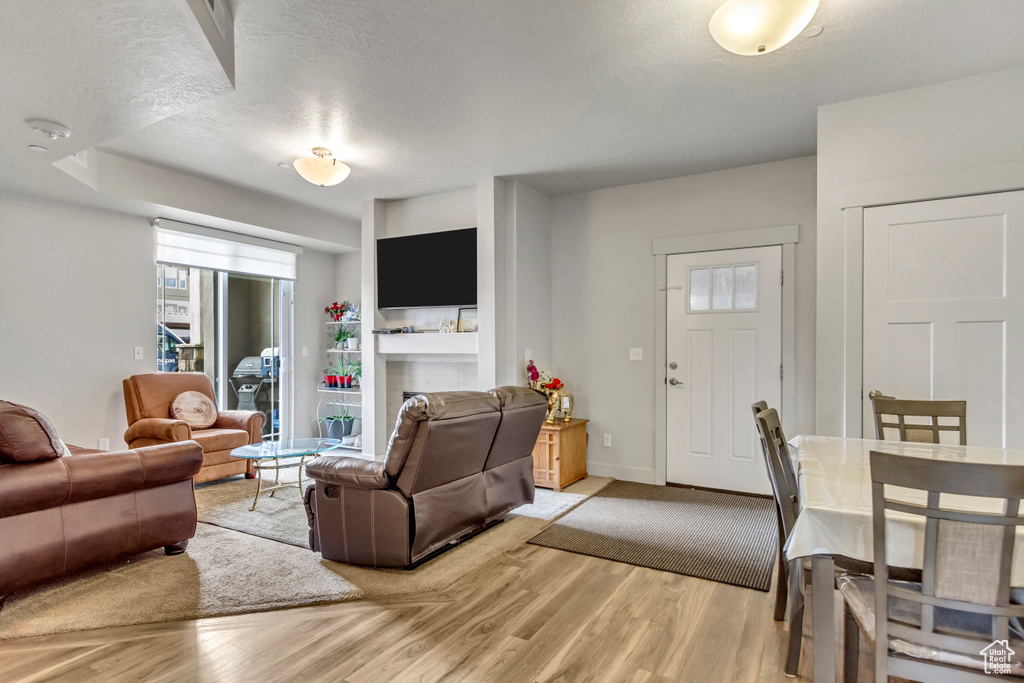 Living area with light wood finished floors and a textured ceiling