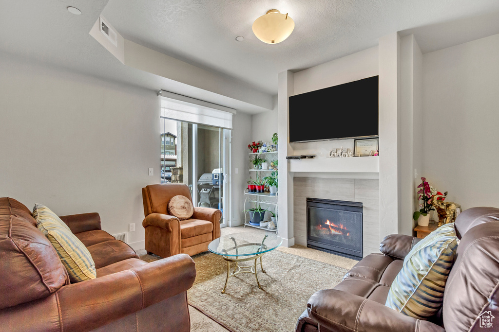 Living area with carpet and a fireplace