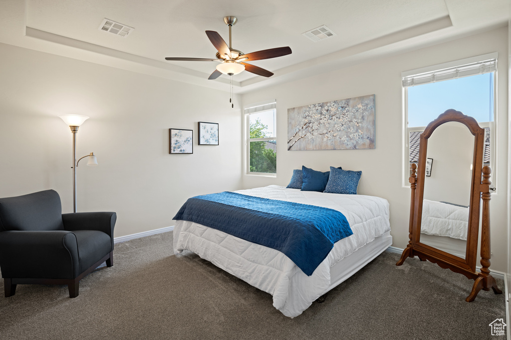 Carpeted bedroom featuring a raised ceiling and ceiling fan