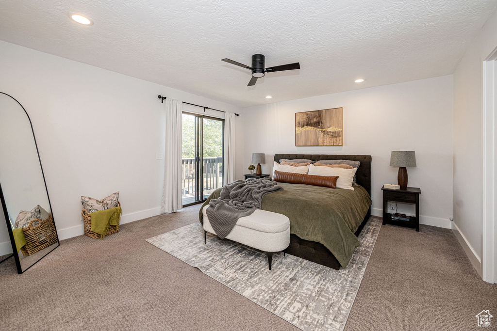 Bedroom with access to outside, carpet, recessed lighting, a ceiling fan, and a textured ceiling