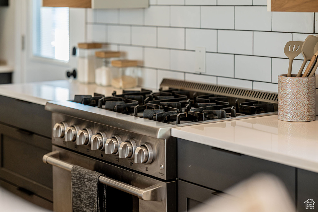 Kitchen view of stainless steel range, tasteful backsplash, and light countertops