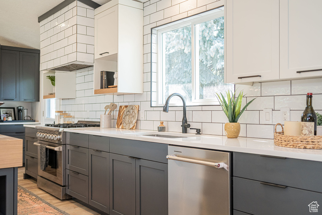 Kitchen featuring stainless steel appliances, gray cabinets, light countertops, and backsplash