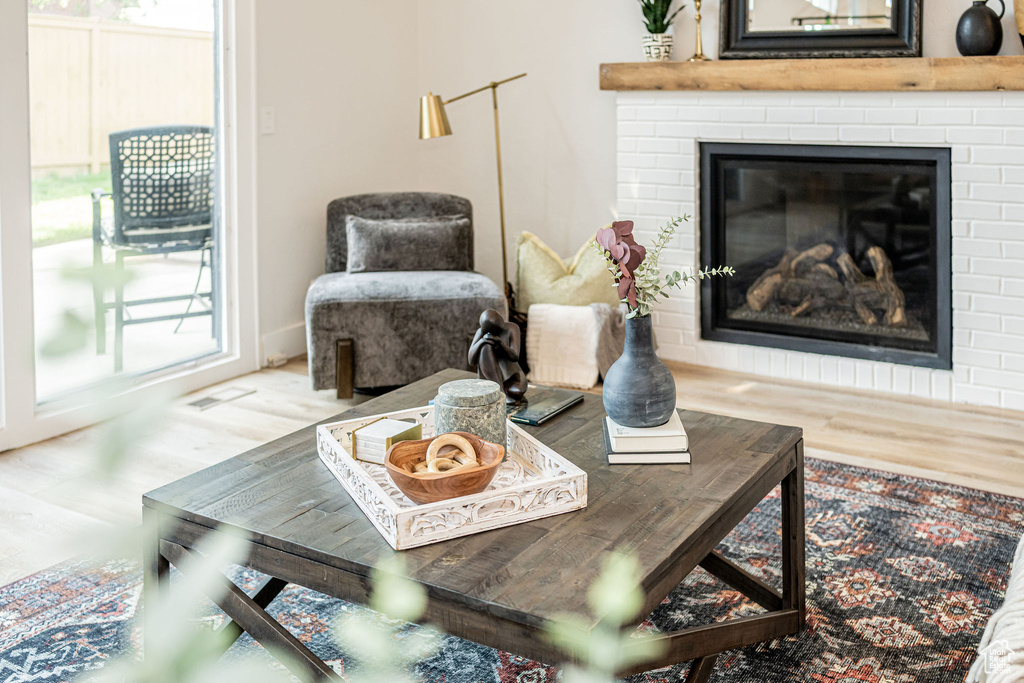 Living room featuring wood finished floors and a fireplace