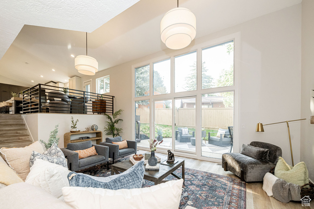 Living room featuring wood finished floors and a high ceiling