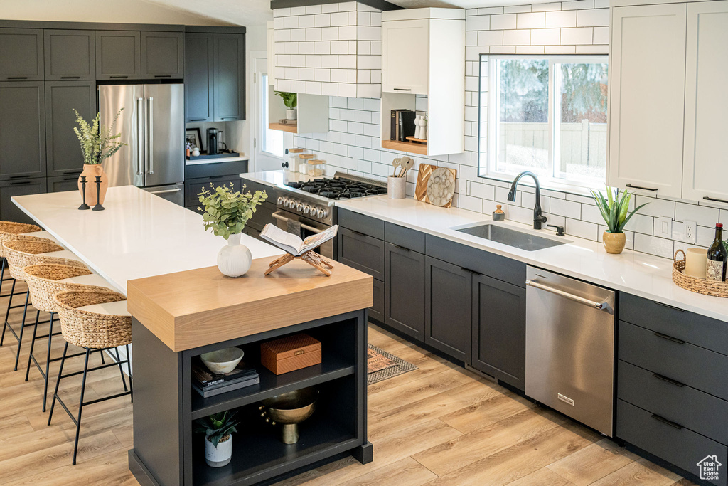 Kitchen featuring premium appliances, open shelves, backsplash, light countertops, and light wood finished floors