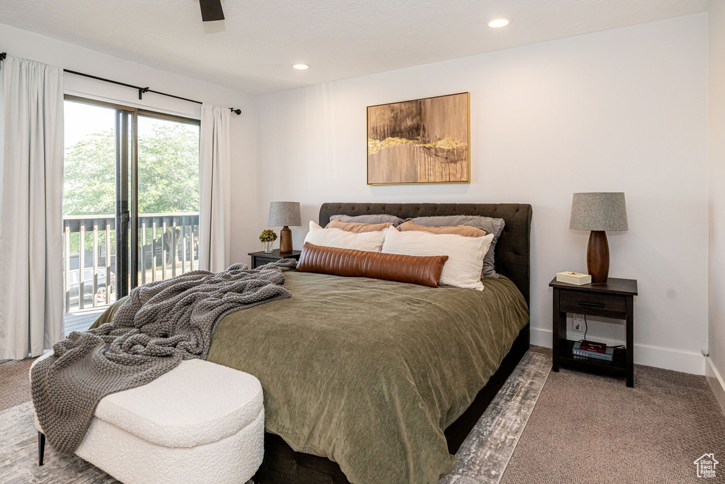 Bedroom with access to exterior, carpet, recessed lighting, and a ceiling fan
