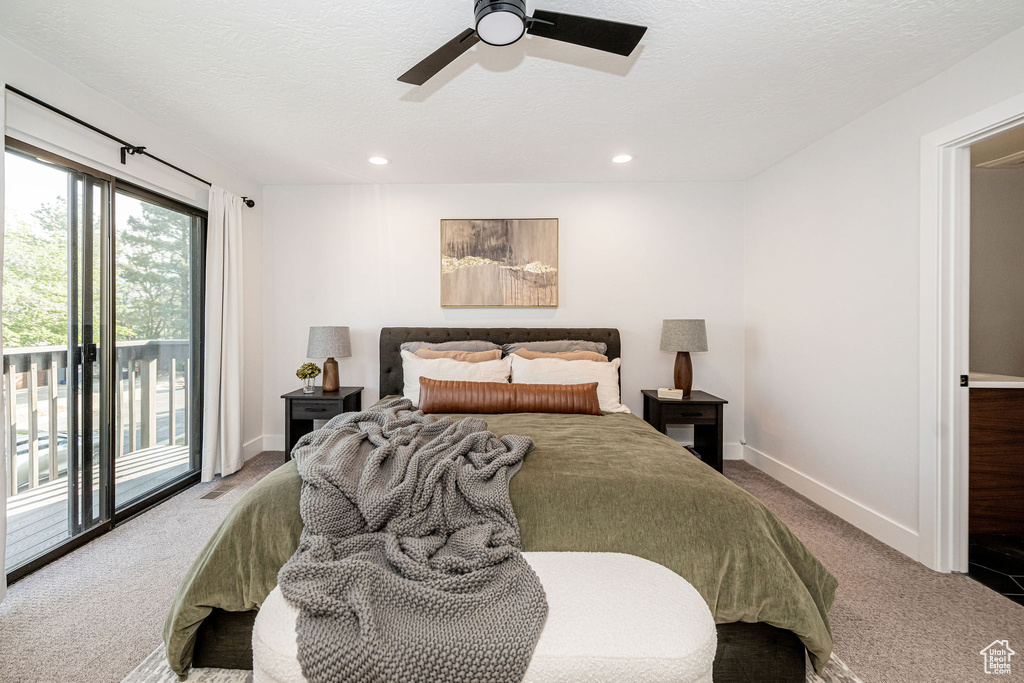 Bedroom featuring access to exterior, carpet floors, recessed lighting, a textured ceiling, and ceiling fan
