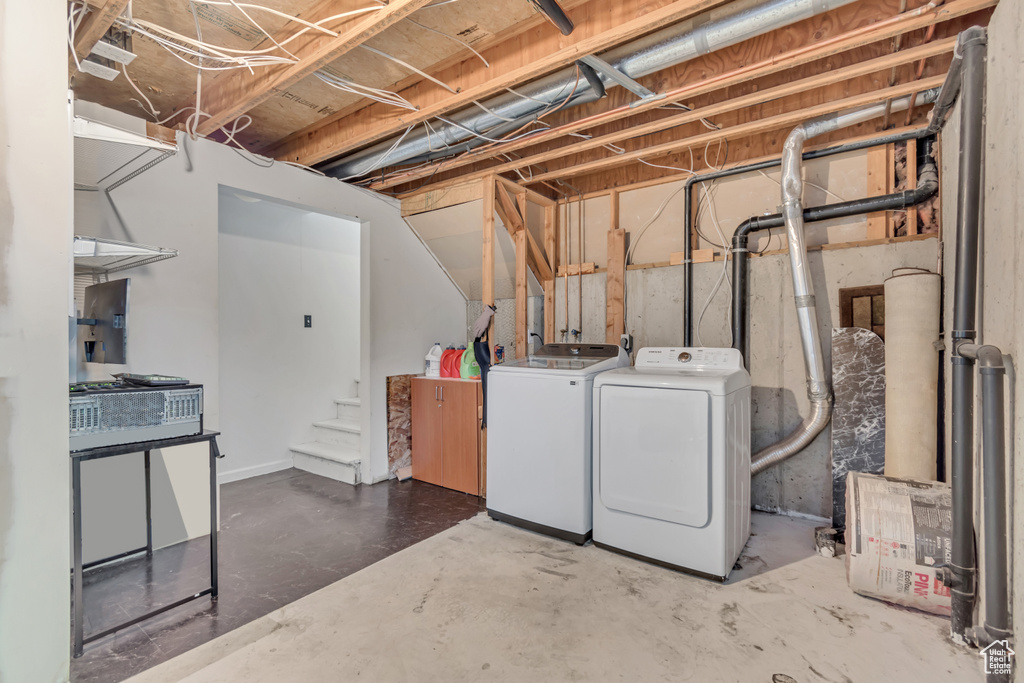 Unfinished basement with independent washer and dryer and stairs