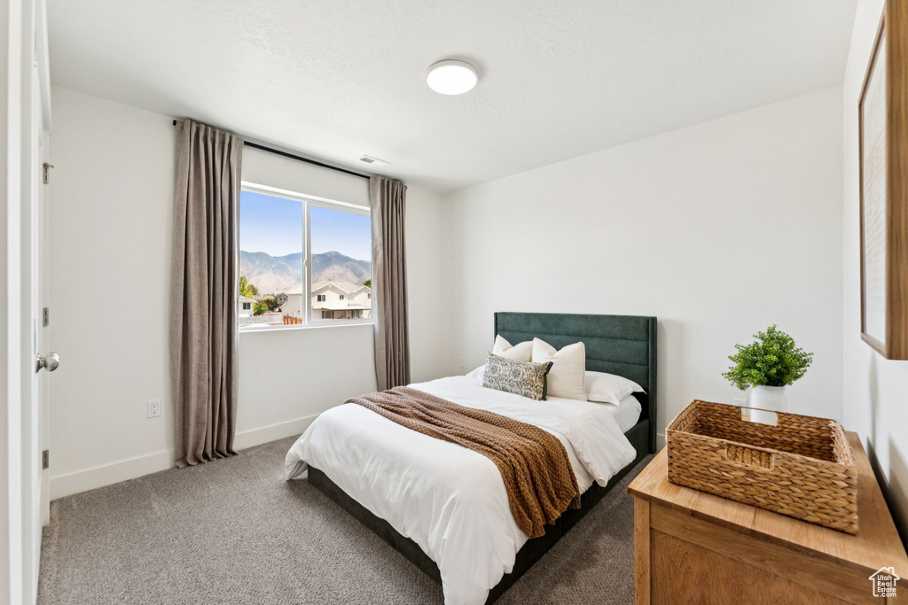 Bedroom featuring carpet flooring and a mountain view