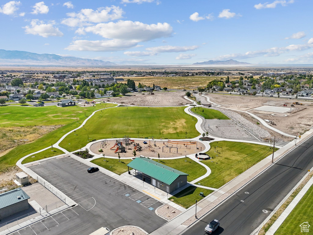 Drone / aerial view of a mountainous background