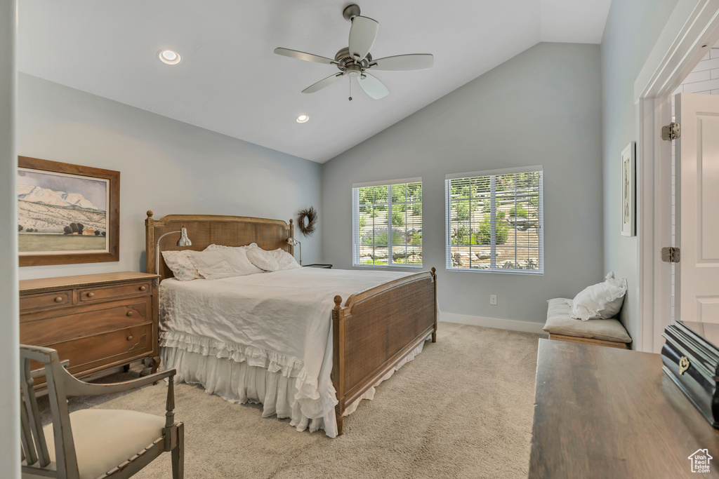 Bedroom featuring carpet, recessed lighting, ceiling fan, and high vaulted ceiling