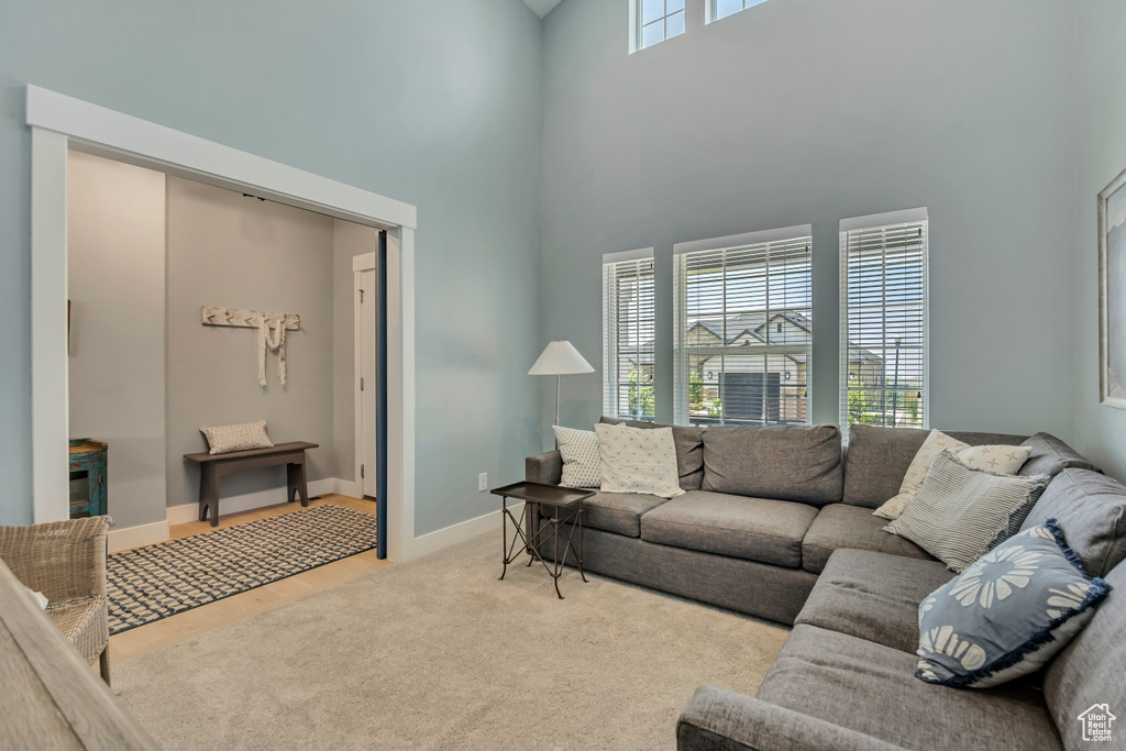 Living area featuring a high ceiling and wood finished floors